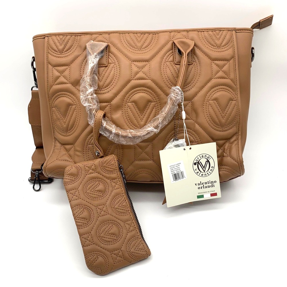 Valentino Orlandi Tote Bag With Matching Wallet Taupe Quilted V Logo NWT